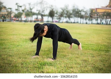 Sporty Young Woman Doing High Plank Pose (Photo Series Of Same Model)