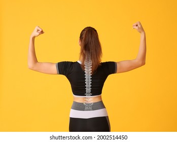 Sporty Young Woman With Good Posture On Color Background