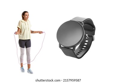 Sporty young woman with jumping rope and big smartwatch with blank screen on white background