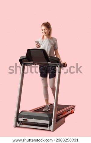 Image, Stock Photo Young athletic caucasian listening to music at sunset