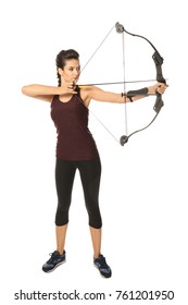 Sporty Young Woman Practicing Archery On White Background