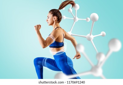 Sporty young woman runing and jumping near molecule chain. Metabolism concept. - Powered by Shutterstock