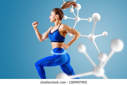 Sporty Young Woman Runing And Jumping Near Molecules. Metabolism Concept.