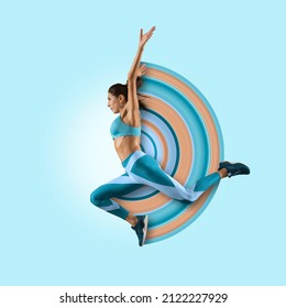 Sporty young woman running on art paint background. Flyer. Concept of sport, running, achievements, competition, championship