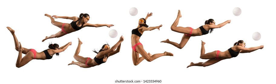 Sporty young woman volleyball beach player in action on white background 