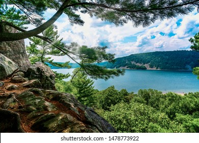 A Spot Under A Shaded Tree Overlooking The Landscape Of Devil's Lake State Park In Baraboo, Wisconsin, USA.