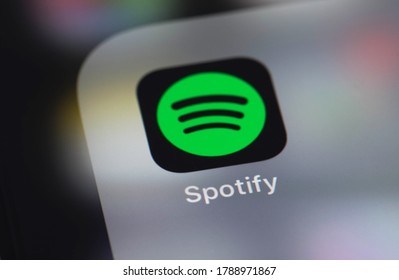 Spotify app on the screen smartphone closeup. Spotify - online streaming audio service. Moscow, Russia - July 10, 2020