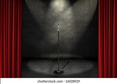 Spotlights Shining On A Stage With Microphone, Framed With Red Curtains