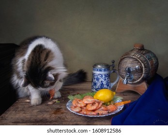 Spotted Cat Eating The Shrimp On The Table