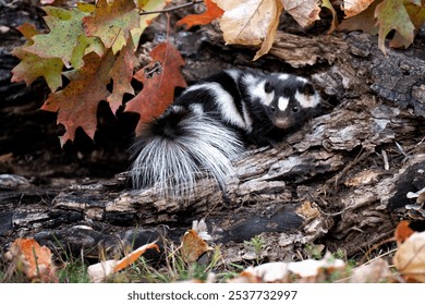 Spotted Skunk in log with fall background