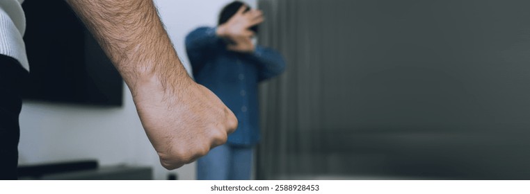 Spouses are arguing, husband is physically abusing wife. Concept of family disputes problems 