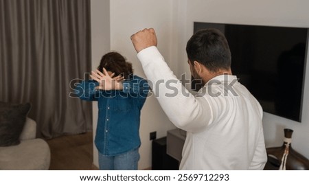 Spouses are arguing, husband is physically abusing wife. Concept of family disputes problems 