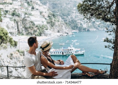 Spouses are resting on the sea in Italy, Positano. Honeymoon. Love story