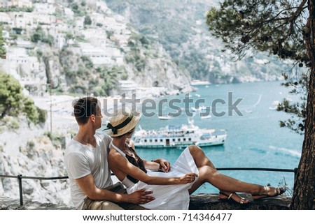 Spouses are resting on the sea in Italy, Positano. Honeymoon. Love story