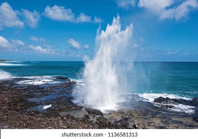 Spouting Horn is off the southern coast of Kauai in the Koloa district and is known for its crashing waves and large sprays of water.
