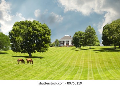 Sprawling acres of green grass pastures surround a horse farm ranch in Kentucky, USA.