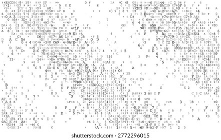 A sprawling, non-linear distribution of binary characters and abstract glyphs drifting across a stark data field. This composition visualizes raw data streams and the organic complexity of unmapped information systems.