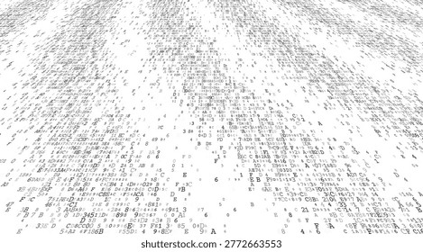 A sprawling, non-linear distribution of binary characters and abstract glyphs drifting across a stark data field. This composition visualizes raw data streams and the organic complexity of unmapped information systems. Perspective.