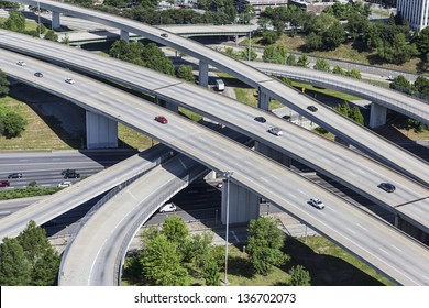 Sprawling Suburban Freeway Interchange Aerial In Atlanta Georgia.