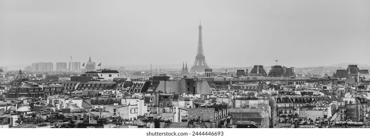 Sprawling view of Paris showcasing the Eiffel Tower and surrounding city architecture against a hazy sky. Paris, France. Black and white image. - Powered by Shutterstock