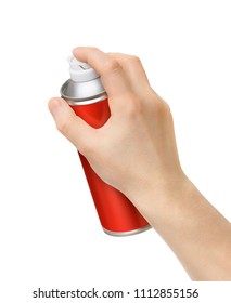 Spray Can In The Male Hand On White Background                   