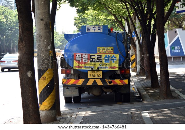 A spray car used for cooling the\
roads in summer. They want to spray water on the roads to reduce\
the heat rising from asphalt. (Daegu, Korea. Jun. 5,\
2019)