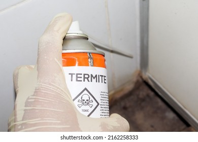Spray chemicals to kill termites in the wall holes, kill termites inside the house - Shutterstock ID 2162258333