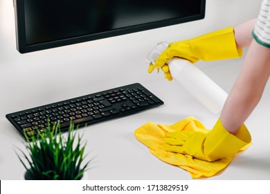 Spray to cleaning and disinfection virus, coronavirus disease, bacteria, microbes. Preventive measures for disinfection of the workplace. Sanitation and cleaner washing. Disinfectant solution. - Shutterstock ID 1713829519