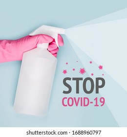 Spray To Cleaning And Disinfection Virus, Covid-19, Coronavirus Disease, Preventive Measures.  Sanitation And Cleaner Washing. Virus Being Killed By Spray, Disinfectant Solution. Stop Covid-19.