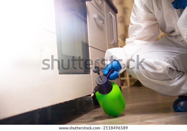 Spray\
gun with pesticides close-up. An exterminator in work clothes\
sprays pesticides from a spray bottle. Fight against insects in\
apartments and houses. Disinsection of\
premises.