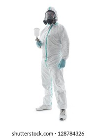 Spray Painter Wearing White Coverall, Respirator And Spray Gun Shot Over White Background