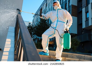 Spraying Sanitizer Disinfecting And Rodent Control Building Outdoor. Infection Prevention, Control Diseases Spreading And Insect Extermination