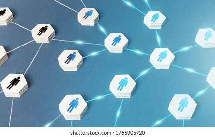 The spread of ideas through a network of people. Leader and leadership. The rapid dissemination of information and reaction of society. Collaboration and cooperation with followers to achieve goals. - Shutterstock ID 1765905920