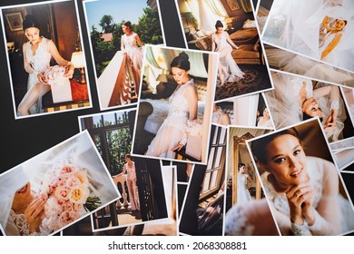 Spread Out A Printed Copy Of The Wedding Photos. The Result Of The Photographer's Work At The Wedding. Printed Products. A Photo Session Of The Bride And Groom.