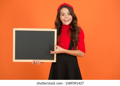 Spread Your Publicity. Happy Kid Hold Blank Blackboard For School Publicity. Little Child Smile With Tidy Publicity Board. Advertising And Marketing. Publicity Agency, Copy Space.