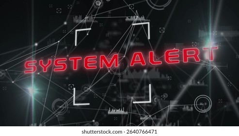 Spreading red SYSTEM ALERT text across digital interface, with targeting frames and node graphics. Futuristic, cyberspace, cybersecurity, digital, immersive, high-tech, data visualization
