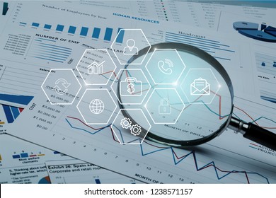 Spreadsheet Bank Accounts Accounting With Calculator And Magnifying Glass. Concept For Financial Fraud Investigation, Audit And Analysis.