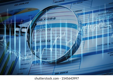 Spreadsheet Bank Accounts Accounting With Calculator And Magnifying Glass. Concept For Financial Fraud Investigation, Audit And Analysis.