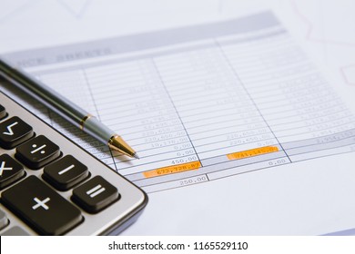 Spreadsheet Bank Accounts Accounting With Calculator.Concept For Financial Fraud Investigation, Audit And Analysis.