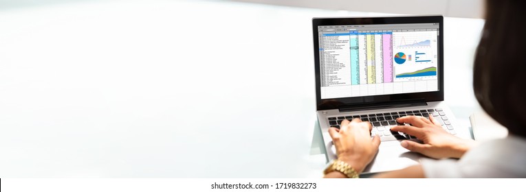 Spreadsheet On Laptop. Person Working With Electronic Computer Spreadsheets