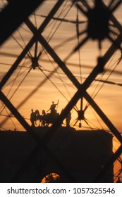 Spring 2008 - Paris. France. The Louvre Glass Pyramid And Arc De Triomphe Du Carrousel At Sunset. 