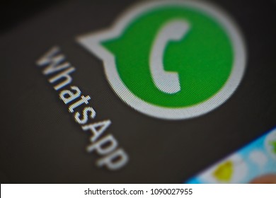 Spring 2018 Ukraine. A photo of a monitor or a tablet or phone screen with a WhatsApp icon. Logo and close-up image. Social network for communication and photo sharing