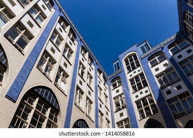 Spring 2019, Hackesche Höfe, Berlin, Germany. Beautiful Architecture, Blue Sky In The Background. Notable Courtyard Complex Situated Next To The Hackescher Mark, Centre Of The Capital. Art Nouveau.