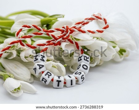 spring arrival represented by snowdrops flowers and a red-white tassel cord