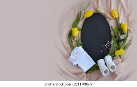 Spring Baby Shower Horizontal Banner With  Yellow Tulips.