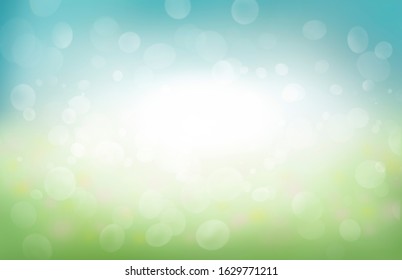 A Spring Background Of Blue And Green, Blurred Foilage And Sky With Bright Bokeh.