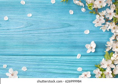 Spring background, frame of white blossom on old wooden board with copy space