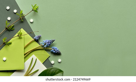 Spring background in shades of green. Paper envelope with blue grape hyacinth flowers. Heart confetti on green paper background. Fresh twigs with leaves. Flat lay, top view banner, copy-space.