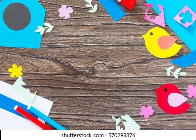 Spring Background. Two Birds And A Birdhouse. Craft For Kids. Copy Space. Children's Art Project, Needlework, Crafts For Children.