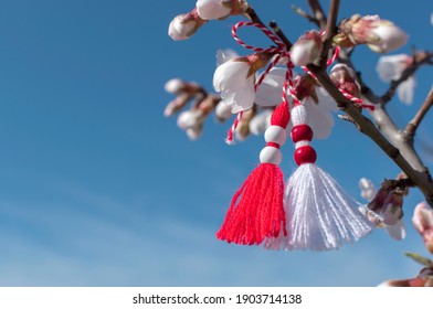 Spring background with white blossom and Bulgarian symbol of spring - martenitsa. March 1 tradition white and red cord martisor and spring flowers. Cheerful concept of beginning of spring. Copy space